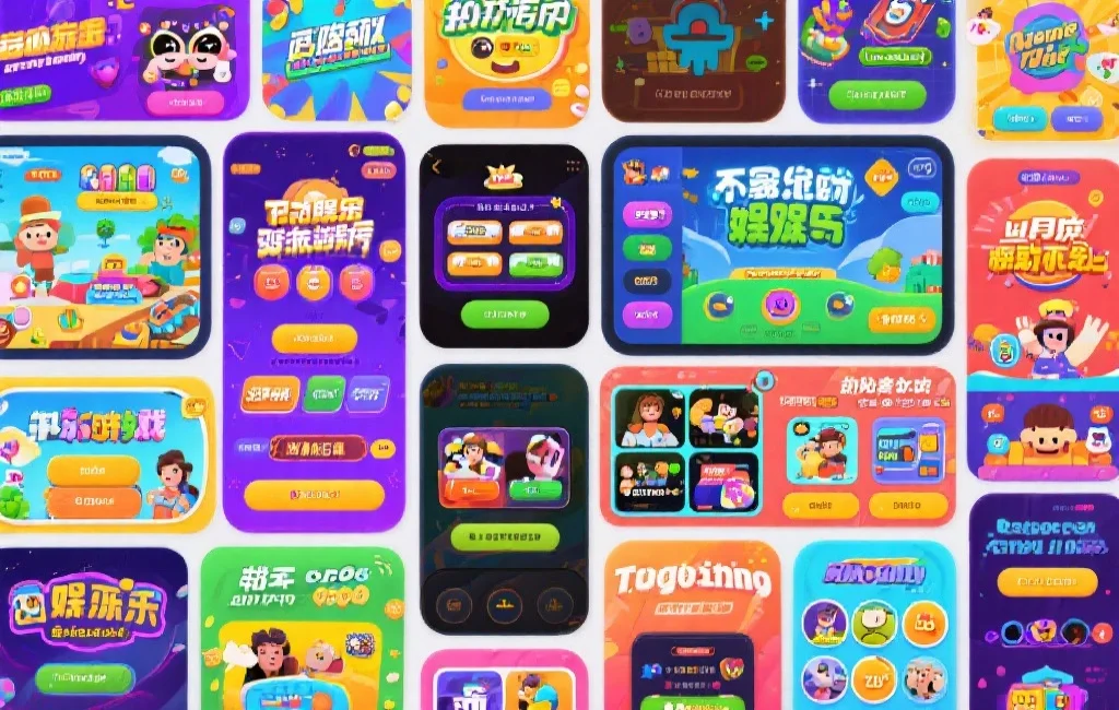 多款不同类型的娱乐游戏界面拼贴在一起，展示丰富多样的内容，色彩明快